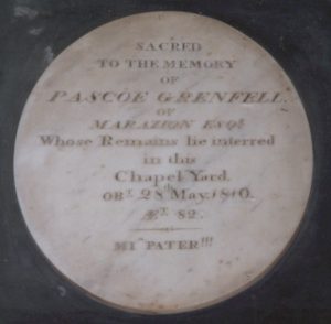 Plaque commemorating the burial of Pascoe Grenfell 1810